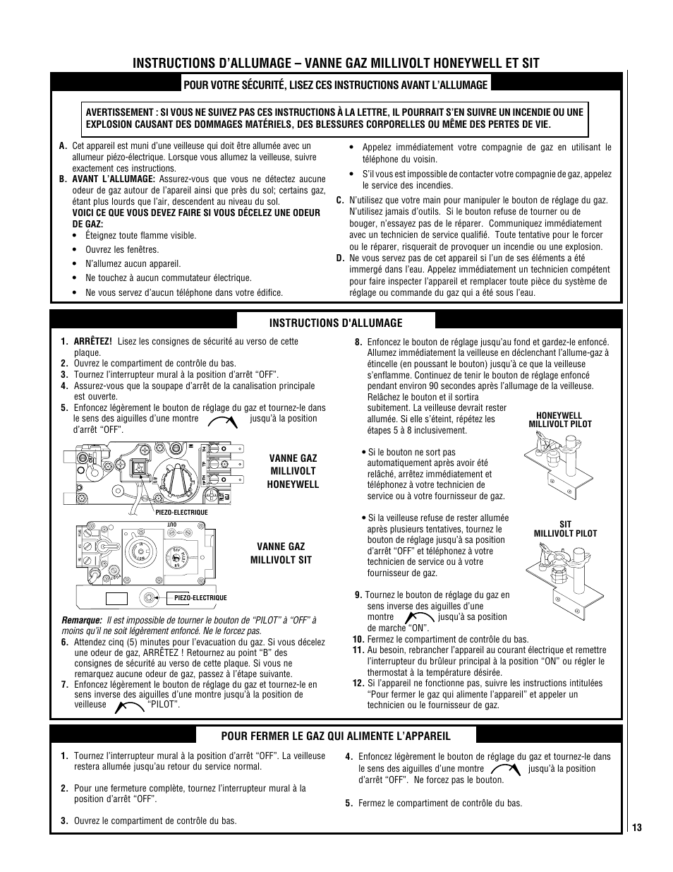 Instructions d'allumage, Pour fermer le gaz qui alimente l’appareil | Superior DR500 User Manual | Page 13 / 20
