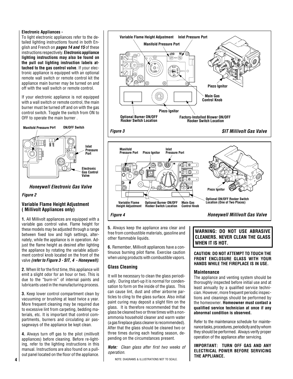 Honeywell electronic gas valve, Glass cleaning, Honeywell millivolt gas valve | Sit millivolt gas valve, Figure 4 figure 3 | Superior DR500 User Manual | Page 4 / 20
