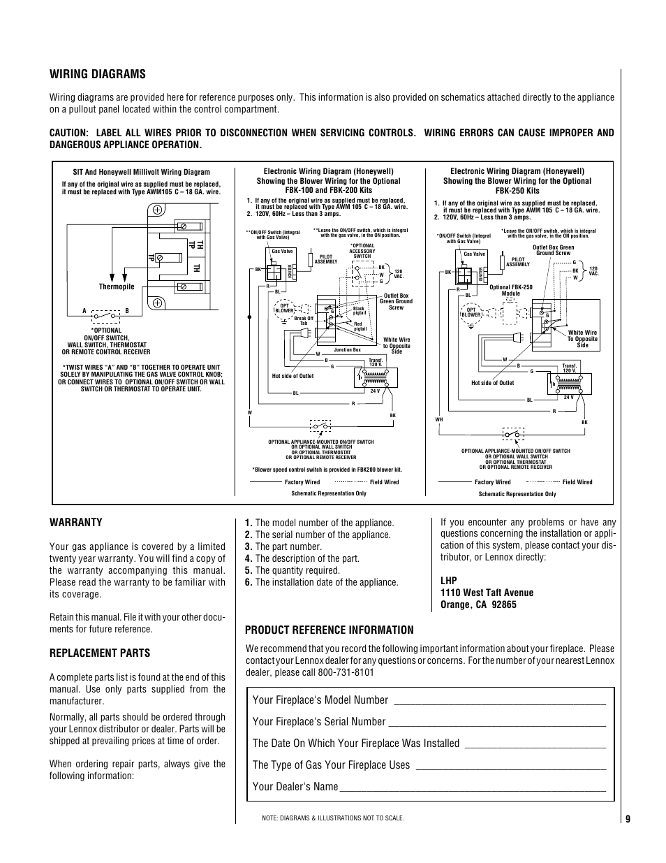 Wiring diagrams, Warranty, Replacement parts | Product reference information | Superior DR500 User Manual | Page 9 / 20