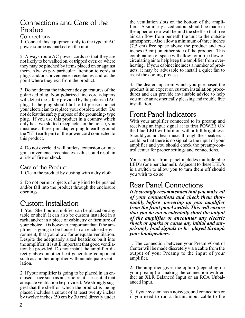 Connections and care of the product, Custom installation, Front panel indicators | Rear panel connections | Sherbourn Technologies 5/5210A User Manual | Page 2 / 8