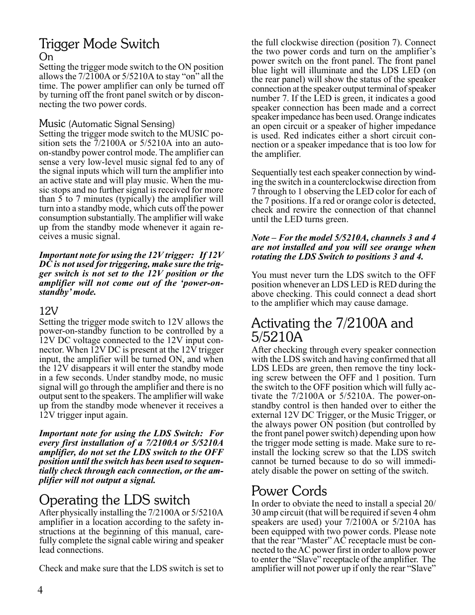 Trigger mode switch, Operating the lds switch, Power cords | Sherbourn Technologies 5/5210A User Manual | Page 4 / 8