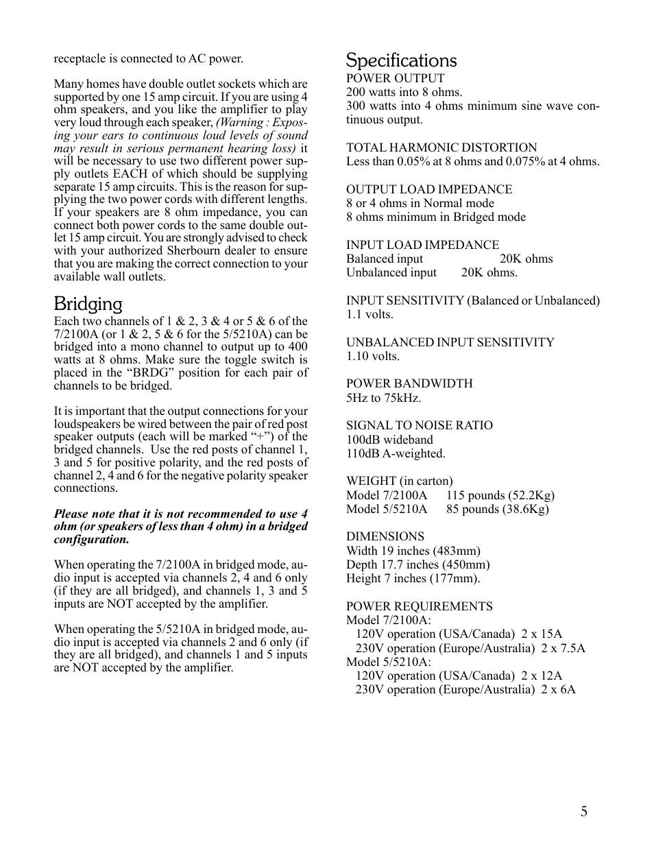 Specifications, Bridging | Sherbourn Technologies 5/5210A User Manual | Page 5 / 8