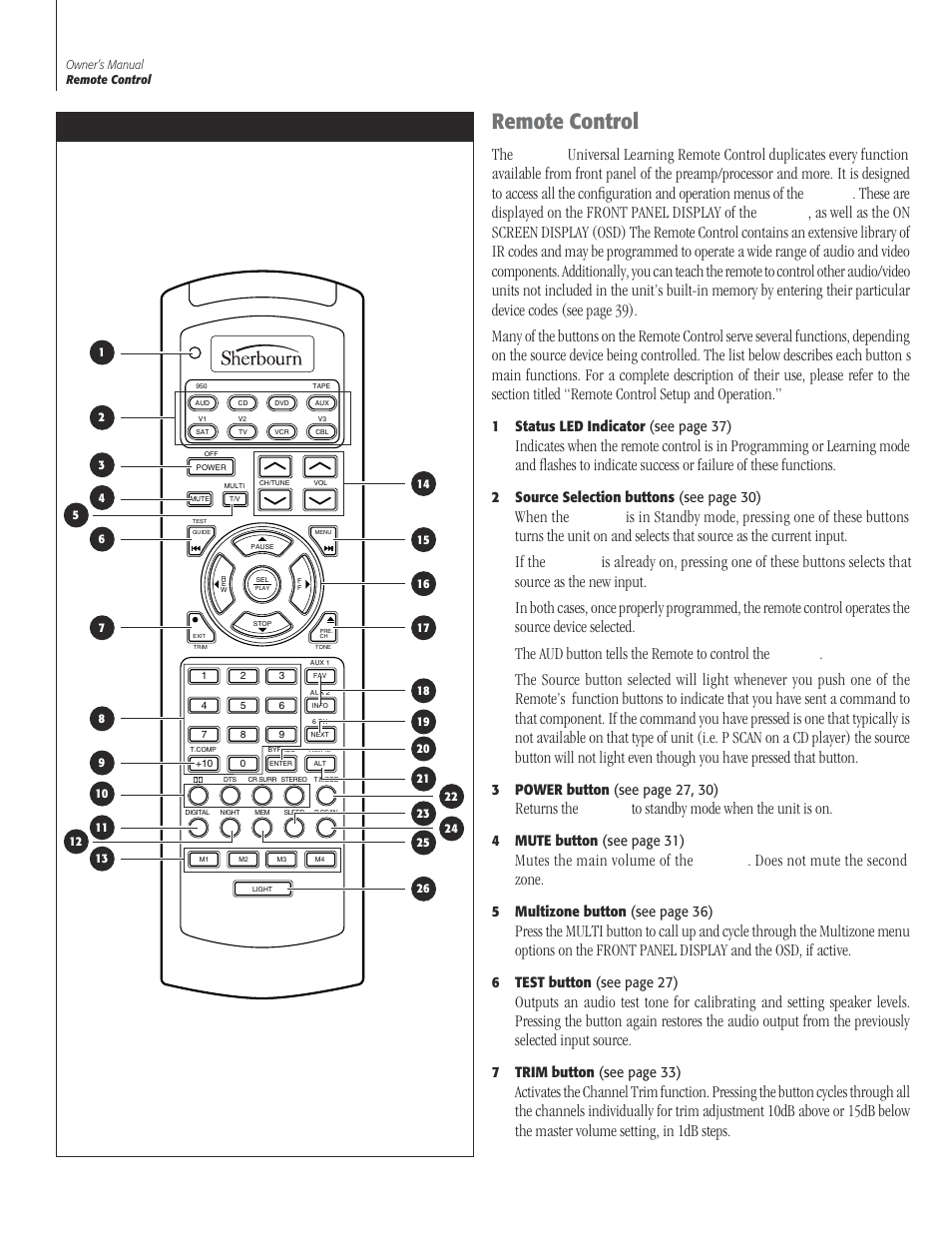 10 remote cont, Remote control, 1 status led indicator (see page 37) | 2 source selection buttons (see page 30), 4 mute button (see page 31), 5 multizone button (see page 36), 6 test button (see page 27), 7 trim button (see page 33) | Sherbourn Technologies PT-7000 User Manual | Page 10 / 48