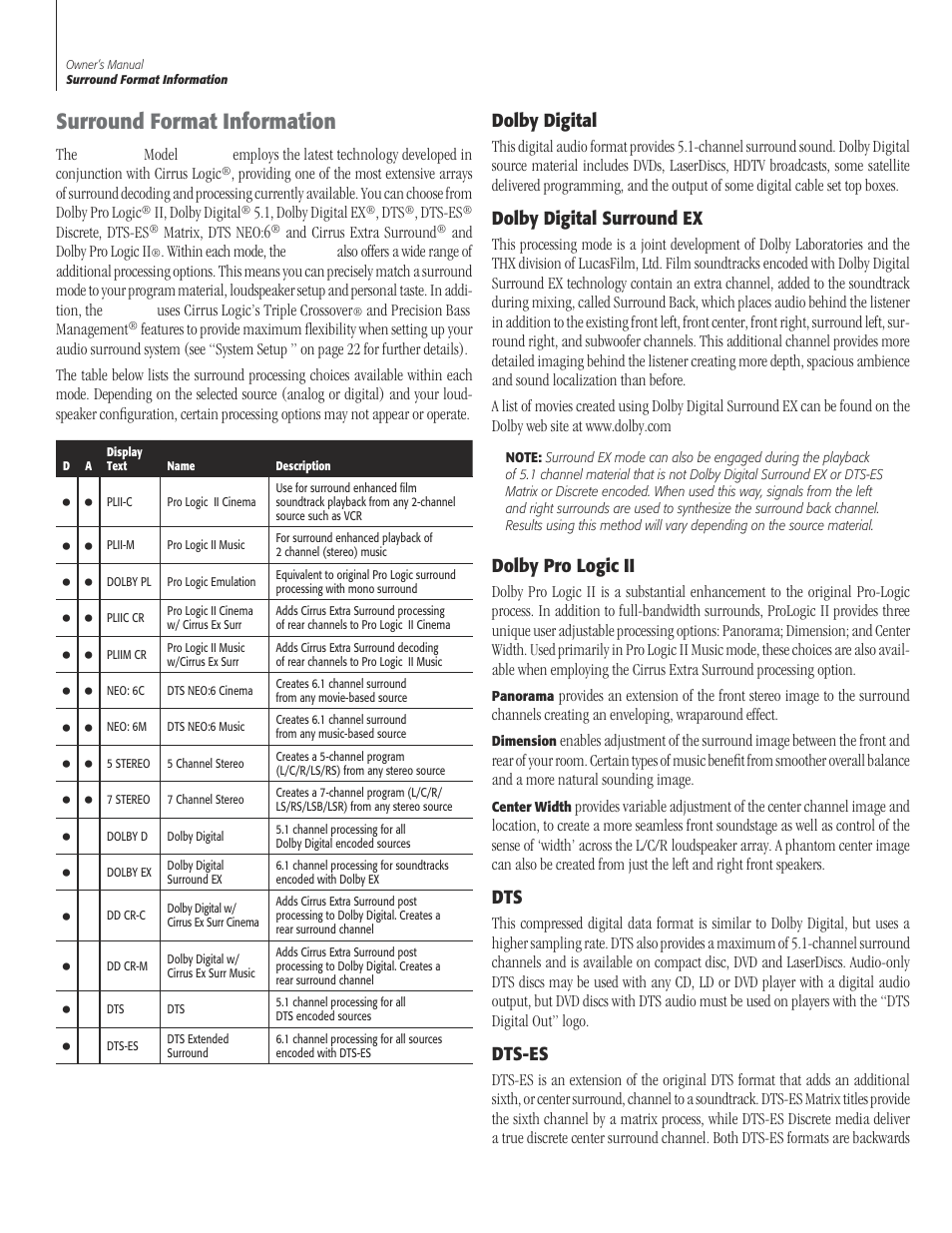 12 surround format informat, 12 dolby digi, 12 dolby digital surround | 12 dolby pro logic, 12 dts, Surround format information 12, Dolby digital, Dolby digital surround ex, Dolby pro logic ii, Dts-es | Sherbourn Technologies PT-7000 User Manual | Page 12 / 48