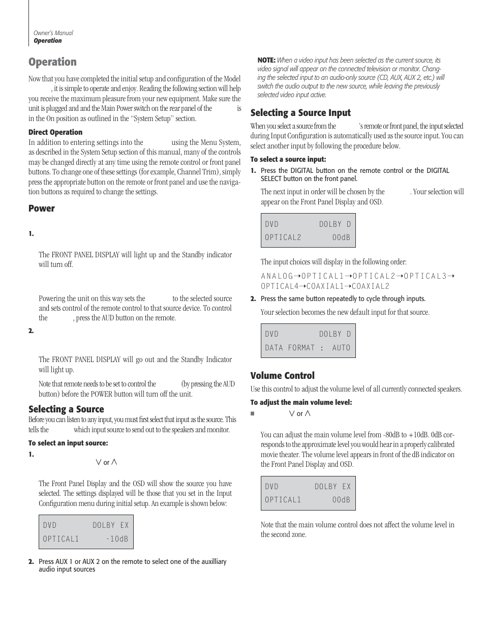 30 operat, 30 po, 30 selecting a source in | 30 volume cont, Operation 30, Power, Selecting a source input, Volume control, Operation | Sherbourn Technologies PT-7000 User Manual | Page 30 / 48
