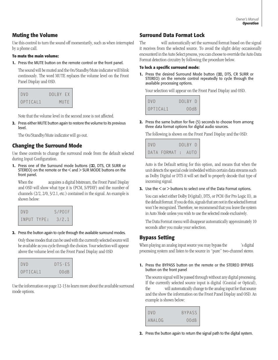 31 muting the vol, 31 changing the surround m, 31 data format opti | 31 bypass sett, Muting the volume, Changing the surround mode, Data format options, Bypass setting | Sherbourn Technologies PT-7000 User Manual | Page 31 / 48