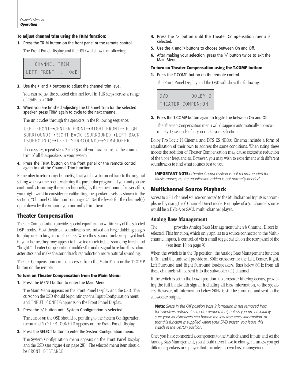 34 theater compensat, 34 multichannel source playb, 34 analog bass managem | Theater compensation, Multichannel source playback, Analog bass management | Sherbourn Technologies PT-7000 User Manual | Page 34 / 48