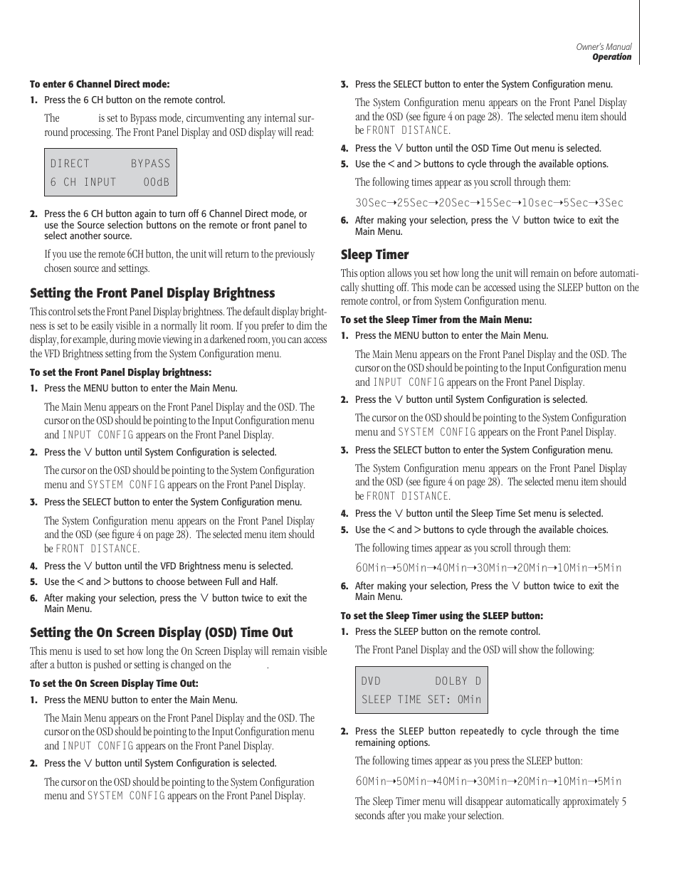 35 setting the front panel display brightn, 35 setting the on screen display (osd) time, 35 sleep ti | Setting the front panel display brightness, Setting the on screen display (osd) time out, Sleep timer | Sherbourn Technologies PT-7000 User Manual | Page 35 / 48