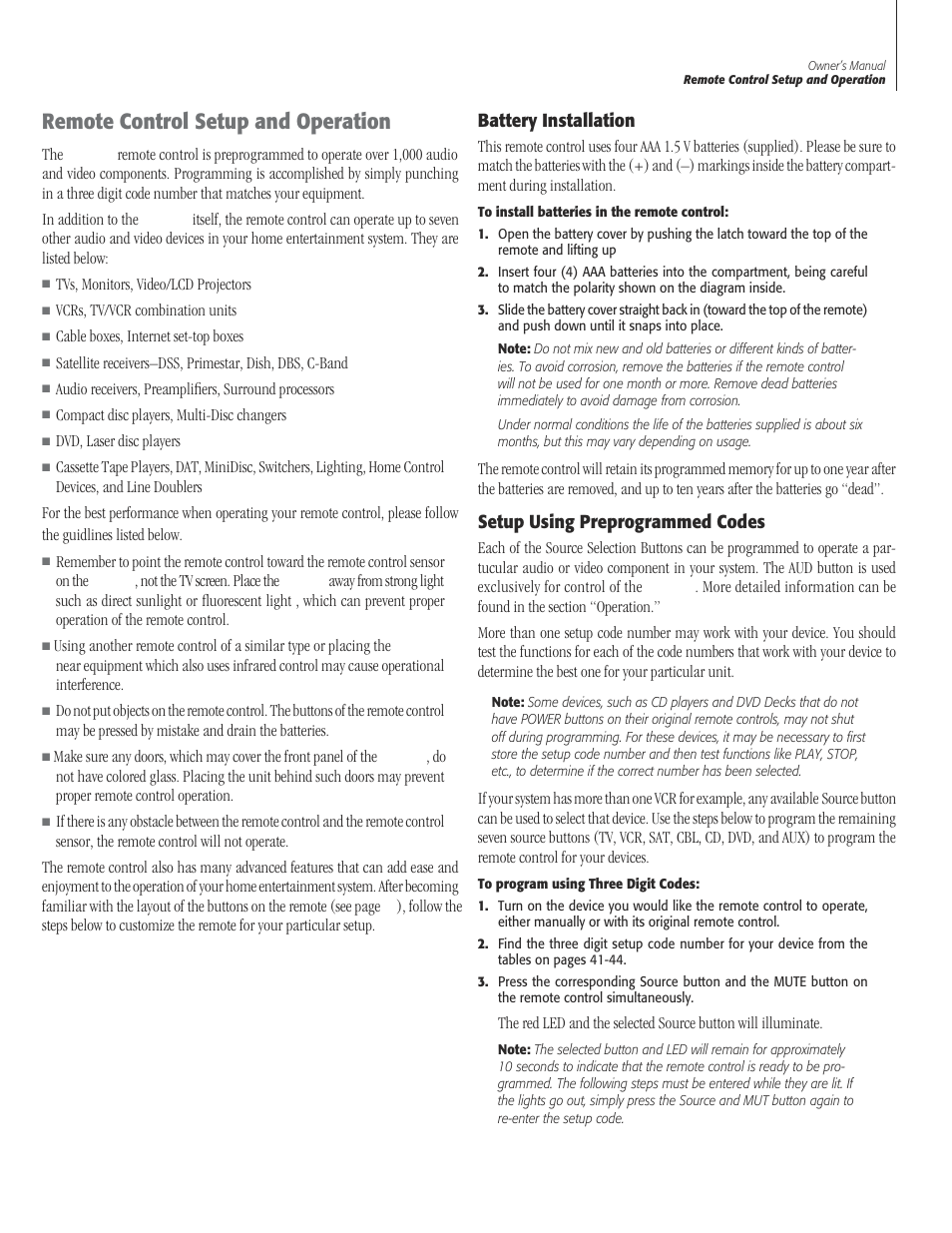 37 remote control setup and operat, 37 battery installat, 37 setup using preprogrammed co | Remote control setup and operation 37, Battery installation, Setup using preprogrammed codes, Remote control setup and operation | Sherbourn Technologies PT-7000 User Manual | Page 37 / 48