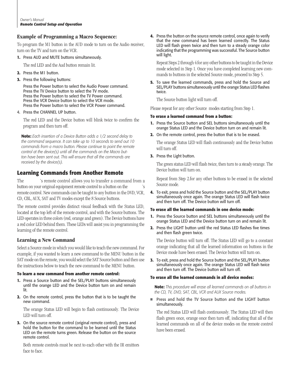 40 example of programming a macro sequen, 40 learning commands from another rem, 40 learning a new comma | Example of programming a macro sequence, Learning commands from another remote, Learning a new command | Sherbourn Technologies PT-7000 User Manual | Page 40 / 48