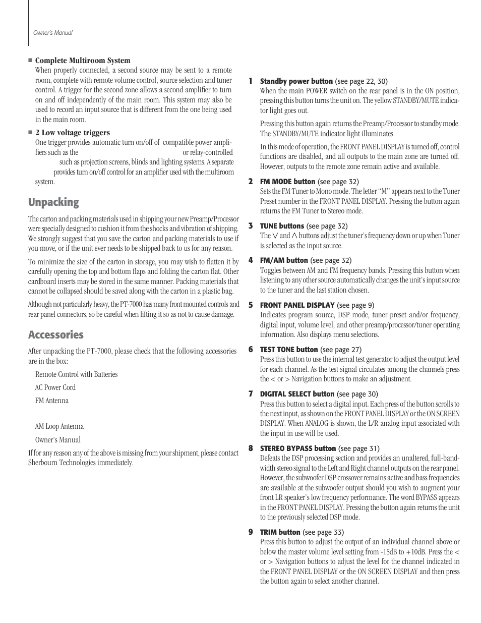 6 unpacki, 6 accessori, 6 model 950 front pan | Unpacking, Accessories, Model pt-7000 front panel | Sherbourn Technologies PT-7000 User Manual | Page 6 / 48