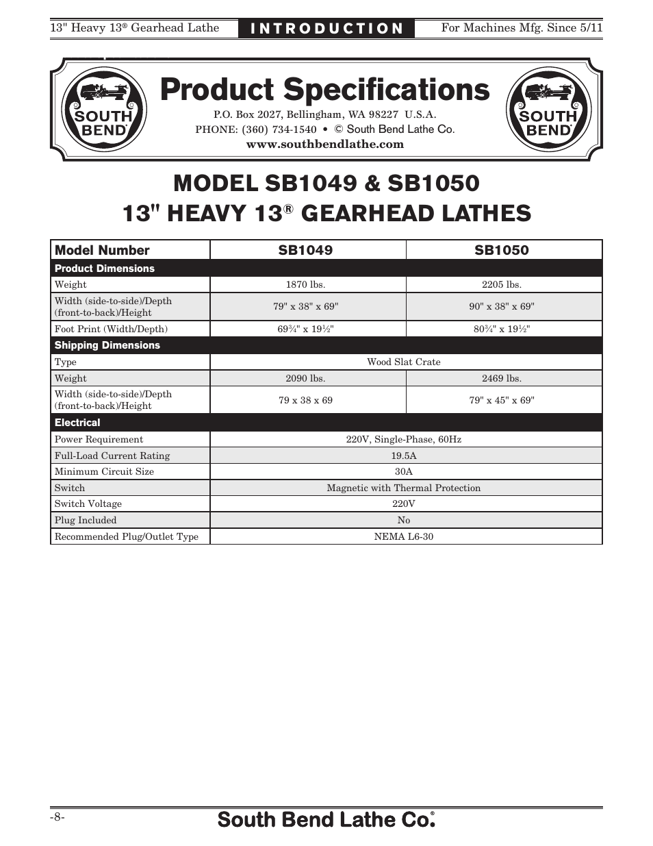 Product speciﬁcations, Gearhead lathes | Southbend SB1049 User Manual | Page 10 / 132