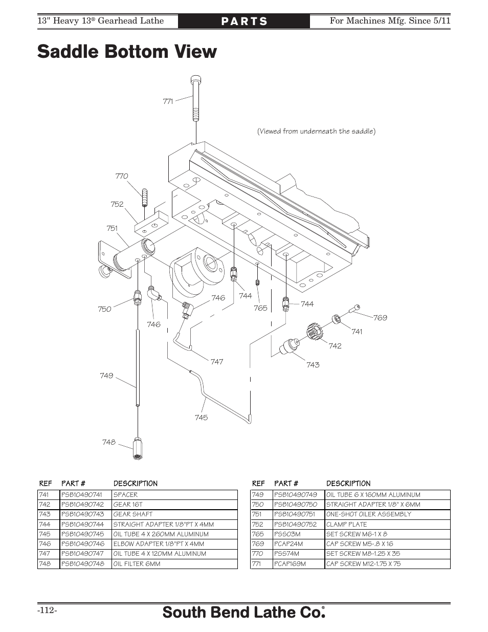 Saddle bottom view | Southbend SB1049 User Manual | Page 114 / 132