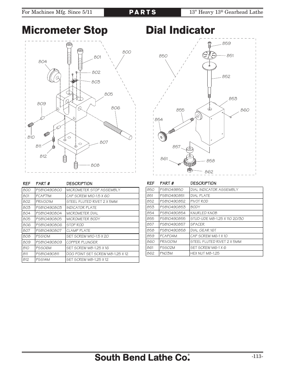 Micrometer stop, Dial indicator | Southbend SB1049 User Manual | Page 115 / 132