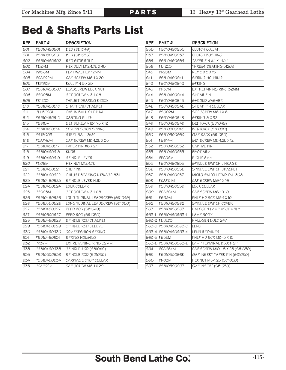 Bed & shafts parts list, Gearhead lathe -115 | Southbend SB1049 User Manual | Page 117 / 132