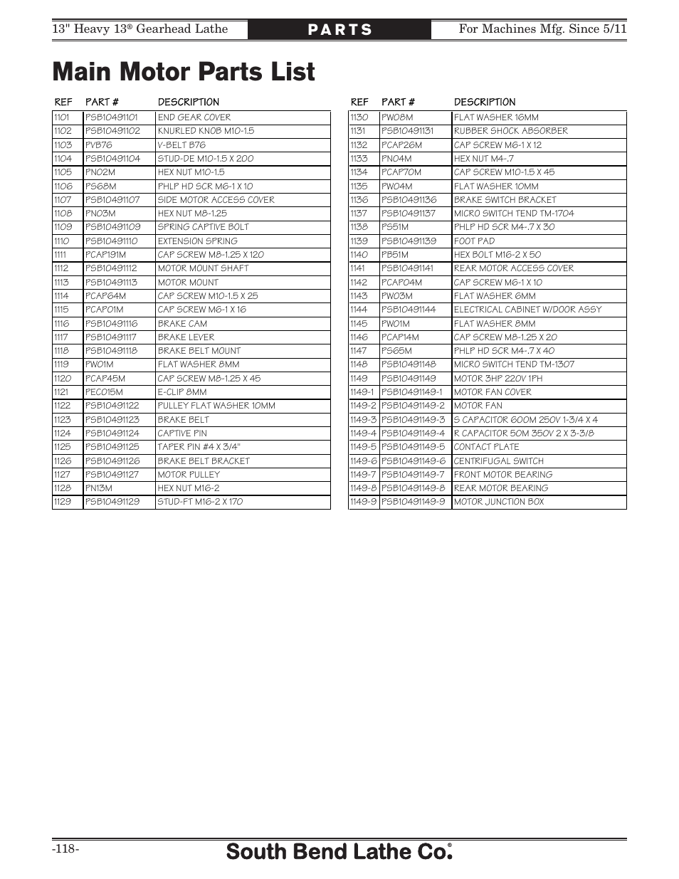 Main motor parts list, Gearhead lathe | Southbend SB1049 User Manual | Page 120 / 132