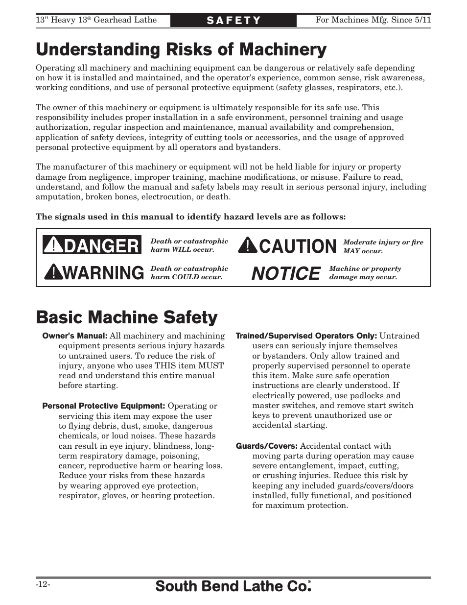 Understanding risks of machinery, Basic machine safety | Southbend SB1049 User Manual | Page 14 / 132