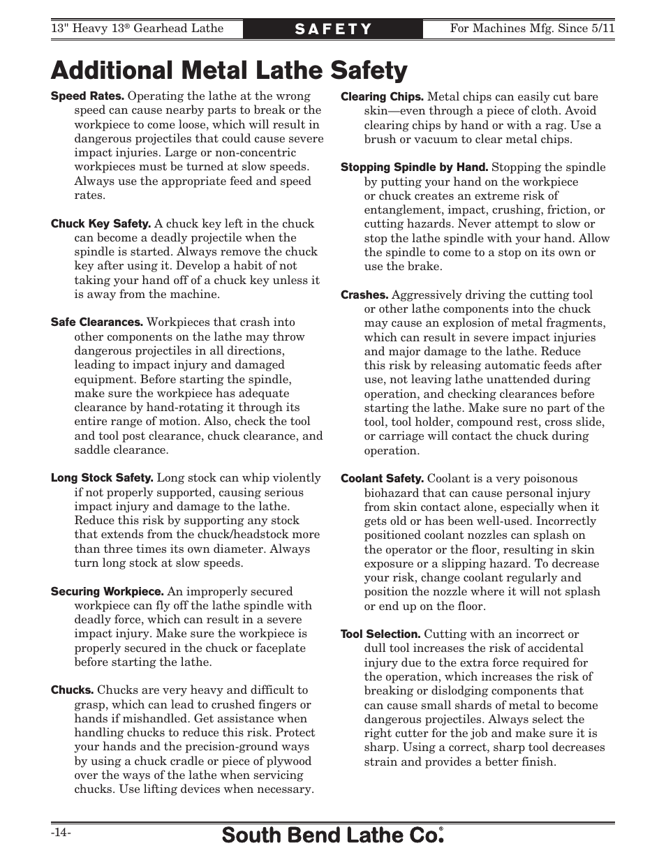 Additional metal lathe safety | Southbend SB1049 User Manual | Page 16 / 132