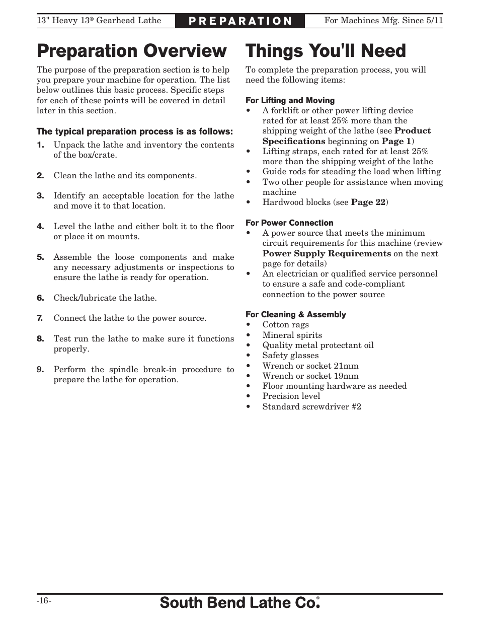 Preparation overview things you'll need | Southbend SB1049 User Manual | Page 18 / 132