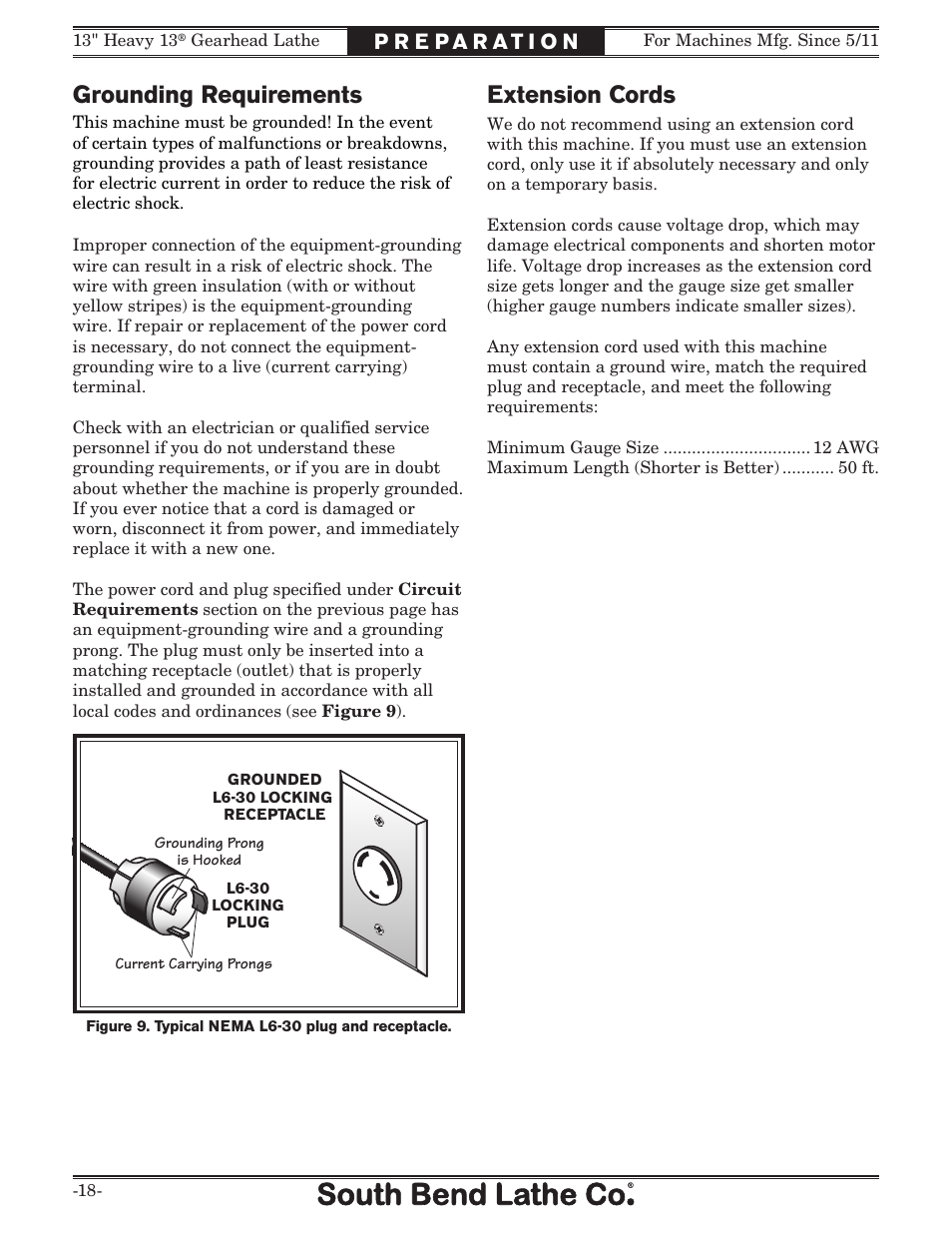 Extension cords grounding requirements | Southbend SB1049 User Manual | Page 20 / 132