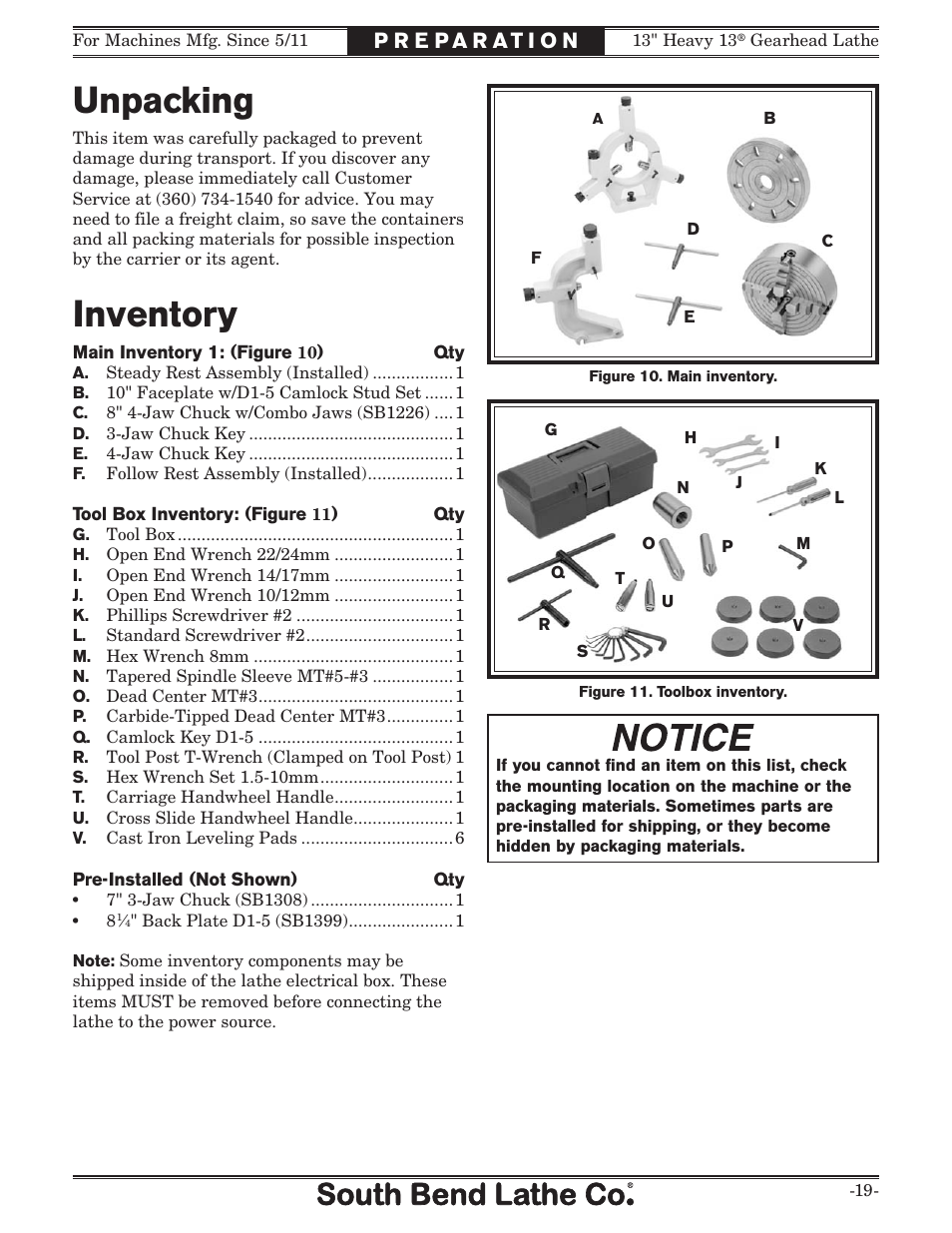 Unpacking, Inventory | Southbend SB1049 User Manual | Page 21 / 132