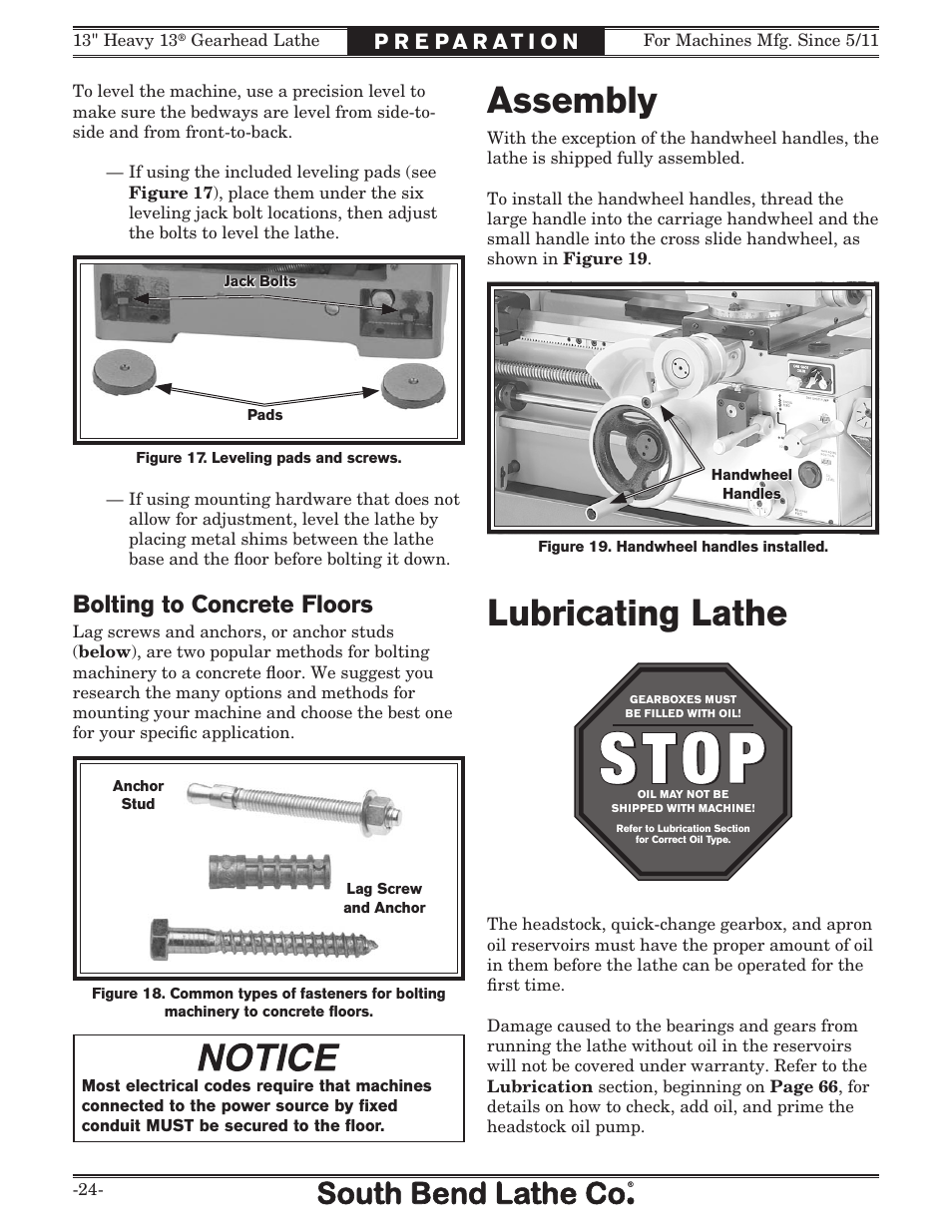 Assembly, Lubricating lathe, Bolting to concrete floors | Southbend SB1049 User Manual | Page 26 / 132