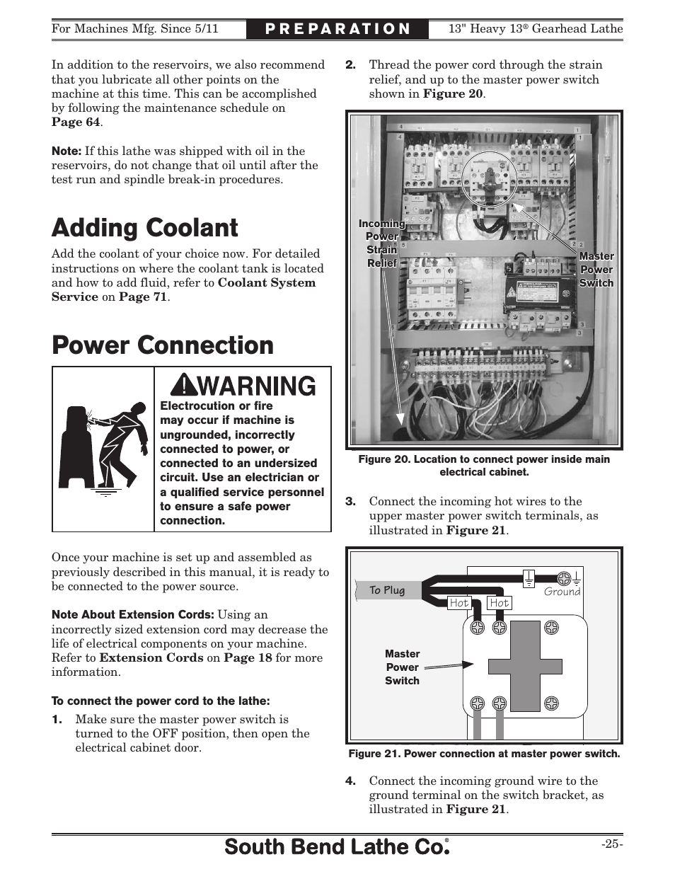 Adding coolant, Power connection | Southbend SB1049 User Manual | Page 27 / 132