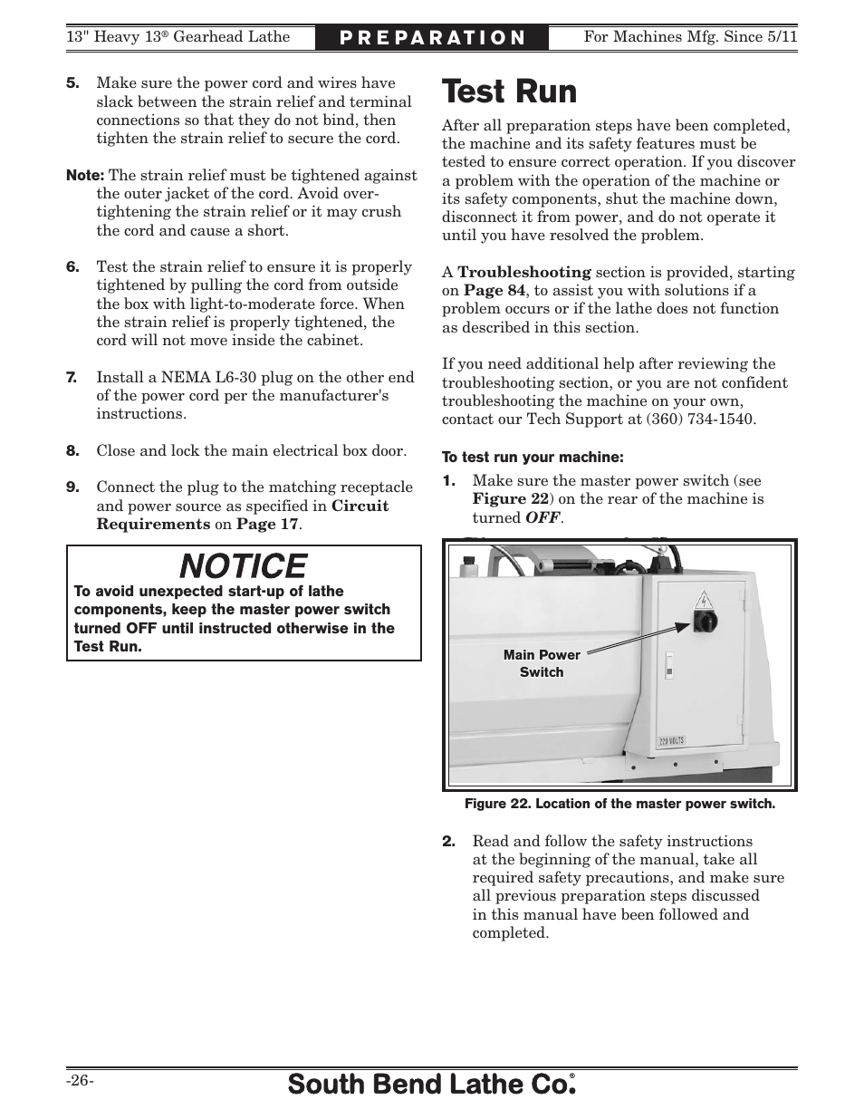 Test run | Southbend SB1049 User Manual | Page 28 / 132