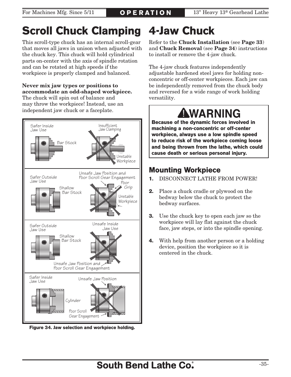 Scroll chuck clamping, Jaw chuck, Mounting workpiece | Southbend SB1049 User Manual | Page 37 / 132