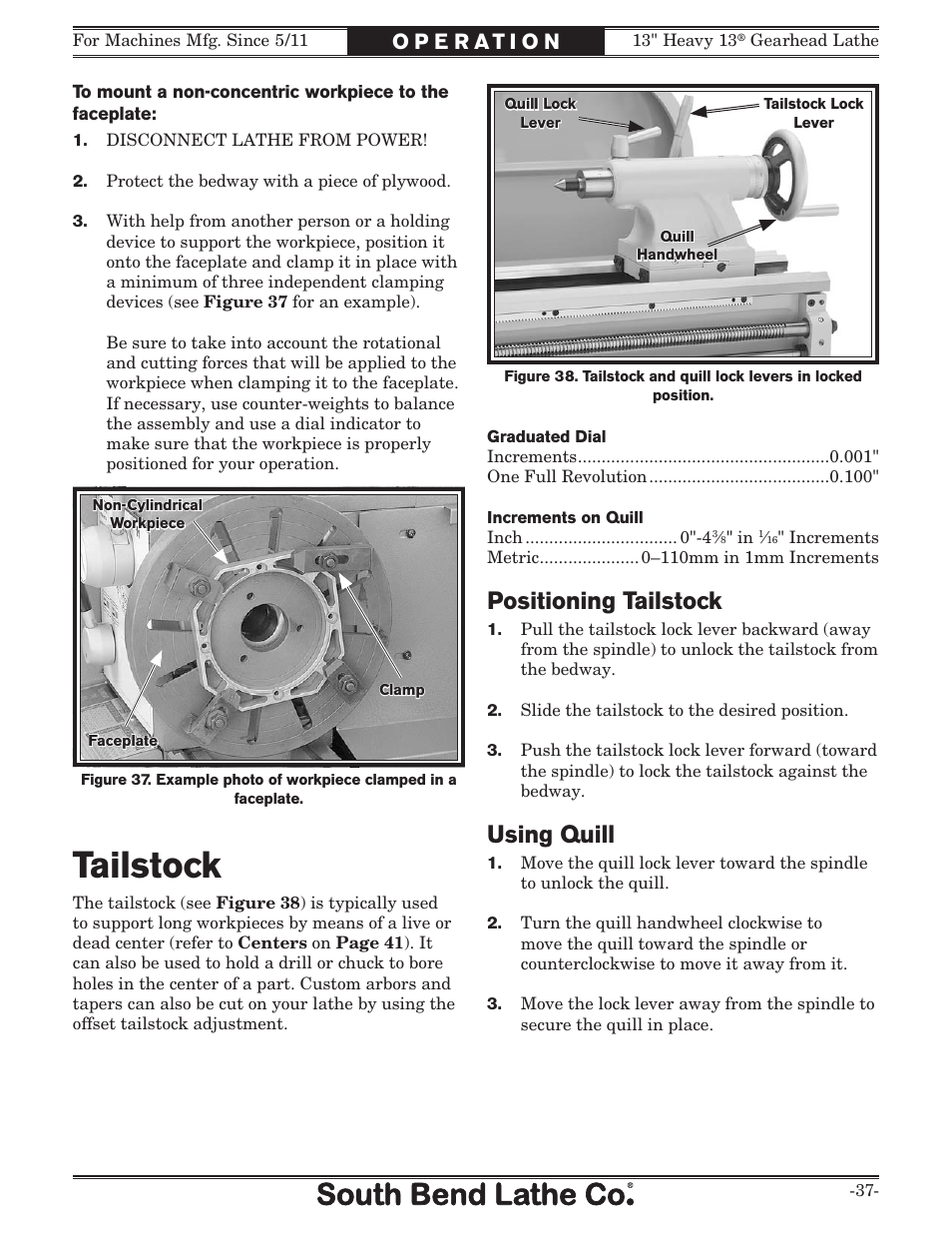 Tailstock, Positioning tailstock, Using quill | Southbend SB1049 User Manual | Page 39 / 132