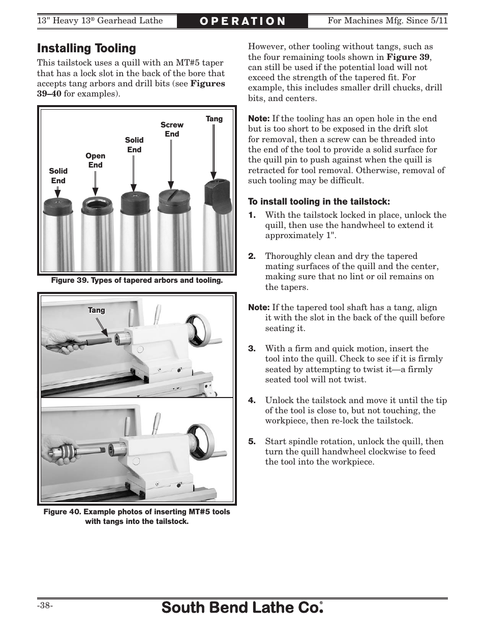 Installing tooling | Southbend SB1049 User Manual | Page 40 / 132