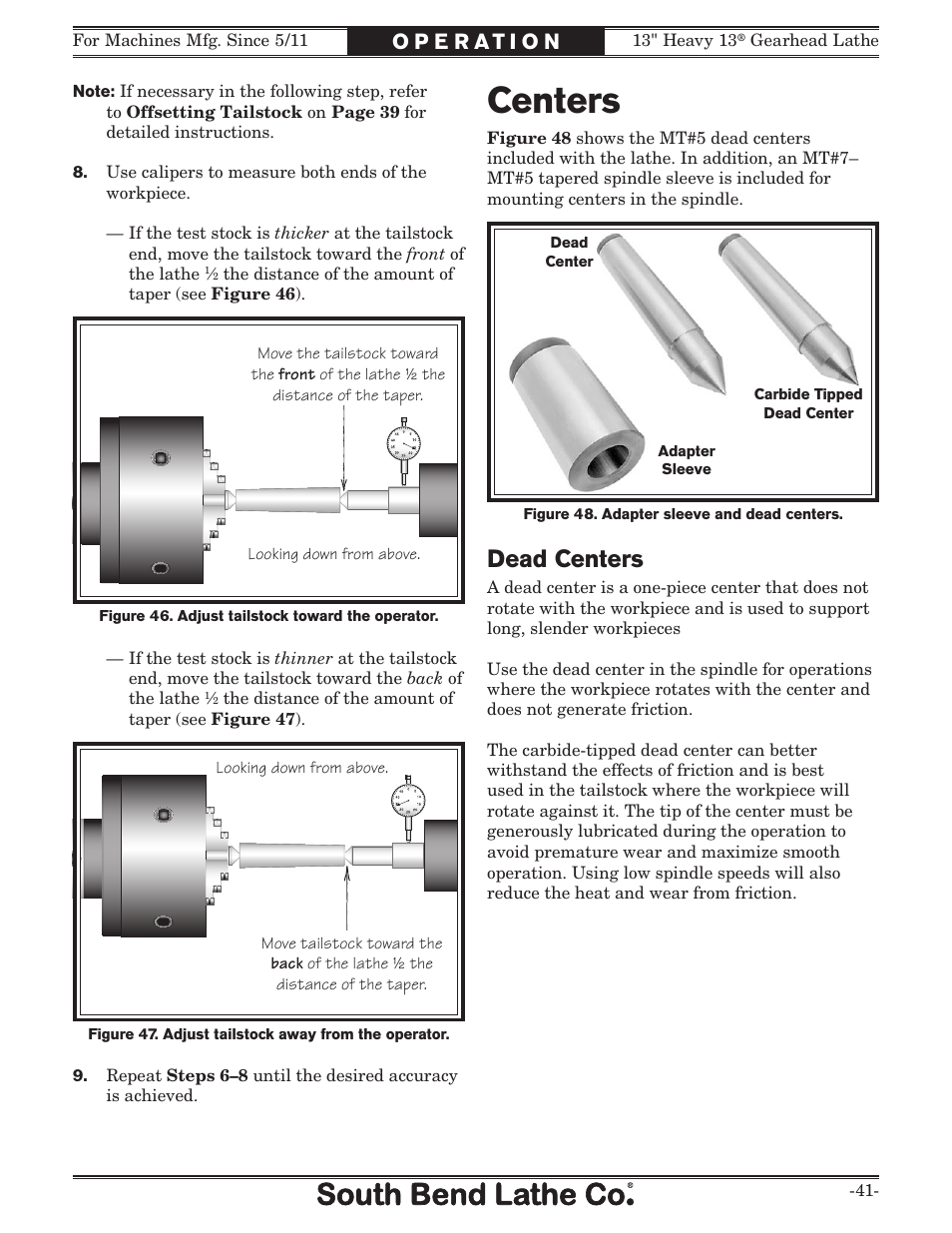 Centers, Dead centers | Southbend SB1049 User Manual | Page 43 / 132