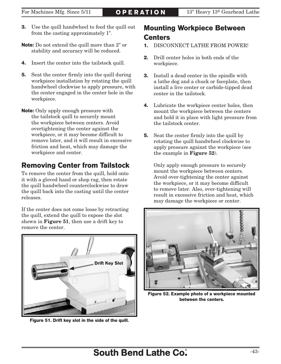 Removing center from tailstock, Mounting workpiece between centers | Southbend SB1049 User Manual | Page 45 / 132