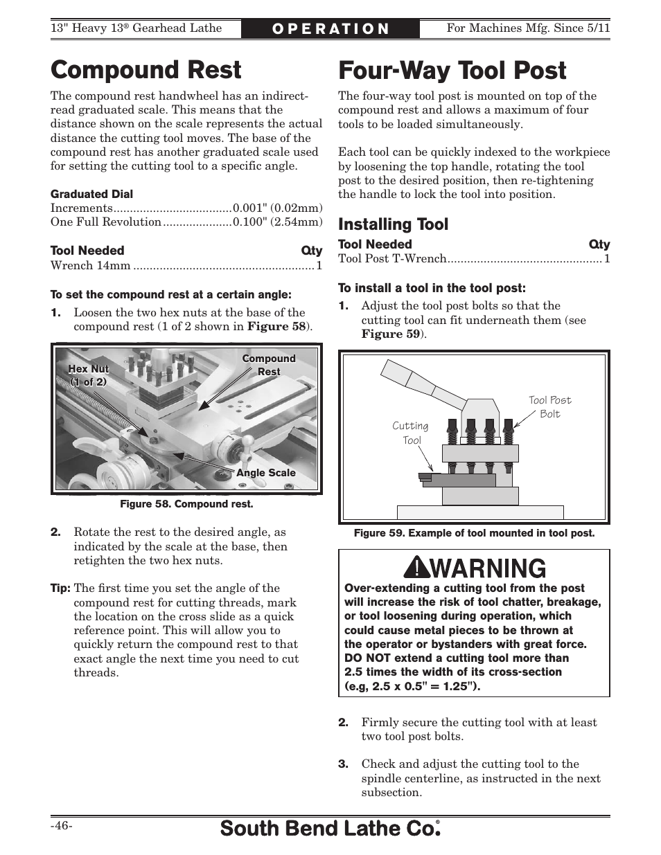 Four-way tool post, Compound rest, Installing tool | Southbend SB1049 User Manual | Page 48 / 132