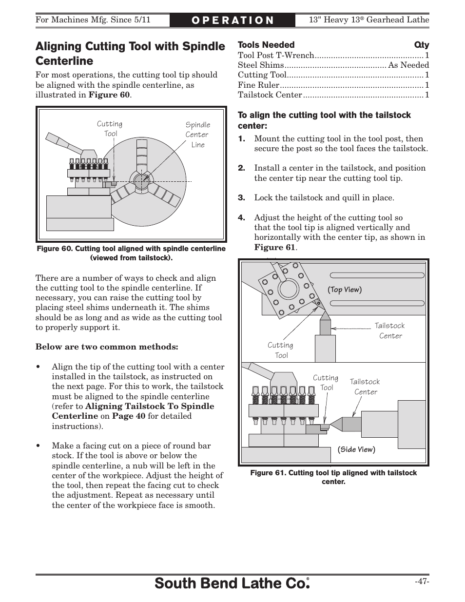 Aligning cutting tool with spindle centerline | Southbend SB1049 User Manual | Page 49 / 132