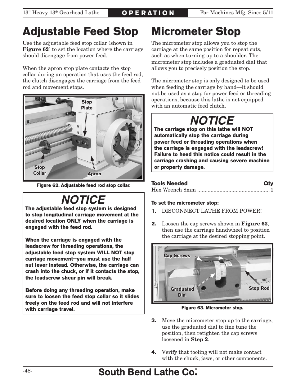 Micrometer stop, Adjustable feed stop | Southbend SB1049 User Manual | Page 50 / 132