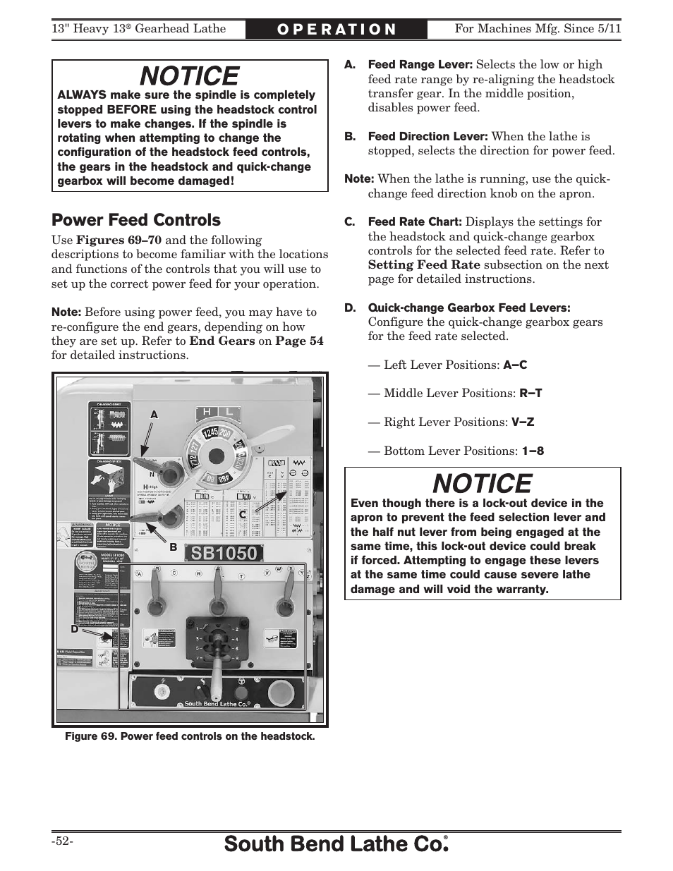 Power feed controls | Southbend SB1049 User Manual | Page 54 / 132