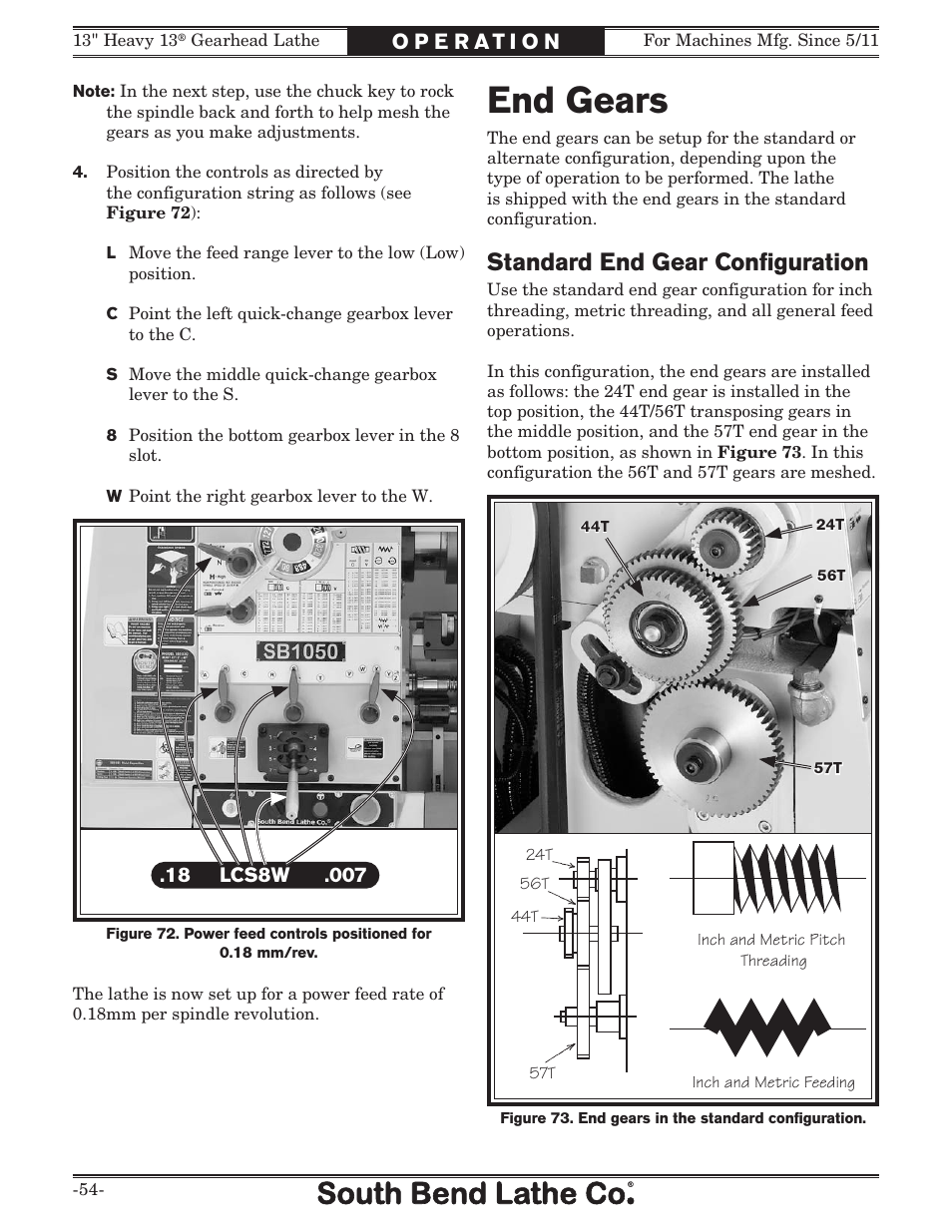 End gears, Standard end gear conﬁguration | Southbend SB1049 User Manual | Page 56 / 132