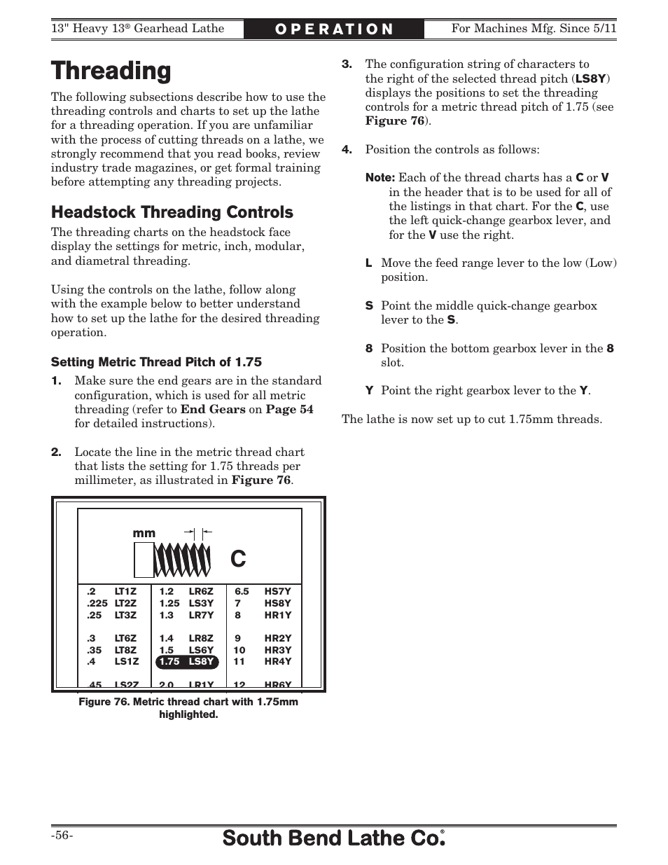 Threading, Headstock threading controls | Southbend SB1049 User Manual | Page 58 / 132