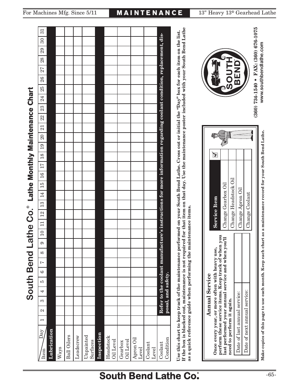 South bend la the co, L athe monthly maintenance char t | Southbend SB1049 User Manual | Page 67 / 132