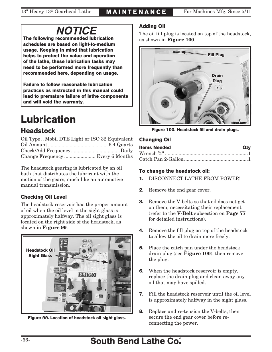 Lubrication, Headstock | Southbend SB1049 User Manual | Page 68 / 132