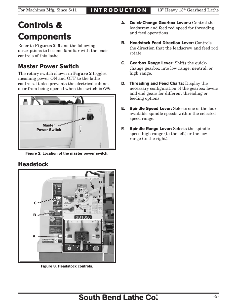 Controls & components, Master power switch, Headstock | Southbend SB1049 User Manual | Page 7 / 132