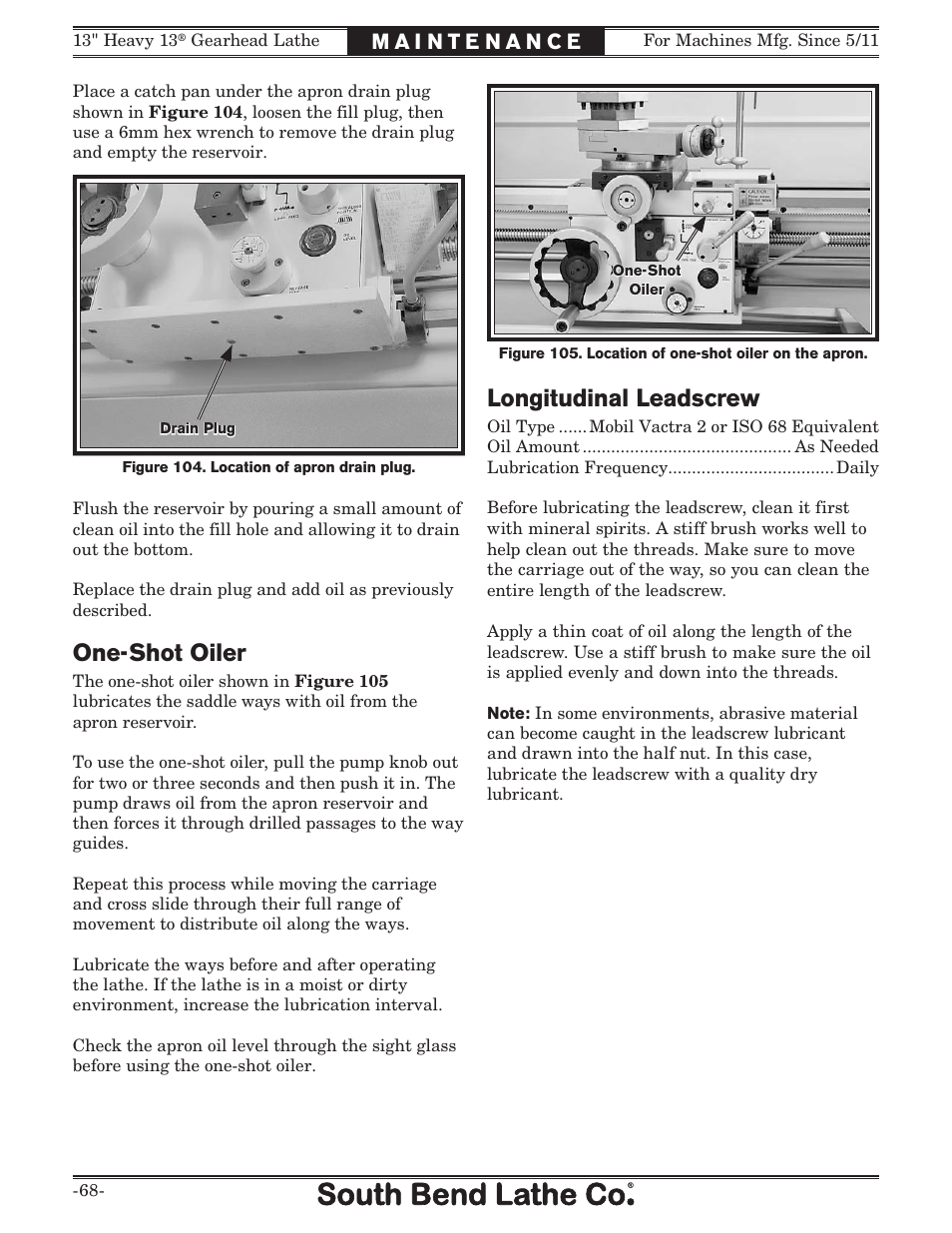 One-shot oiler, Longitudinal leadscrew | Southbend SB1049 User Manual | Page 70 / 132