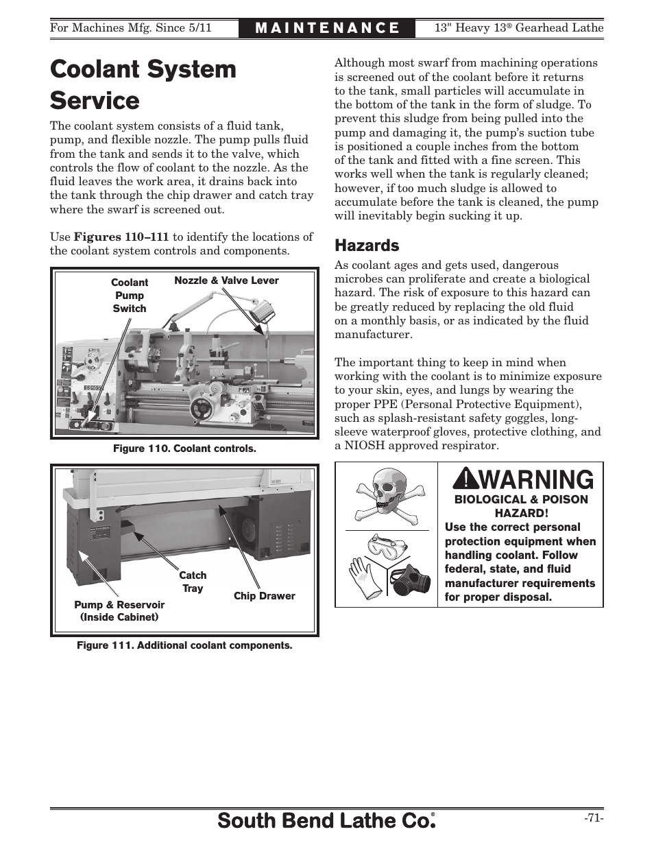 Coolant system service, Hazards | Southbend SB1049 User Manual | Page 73 / 132