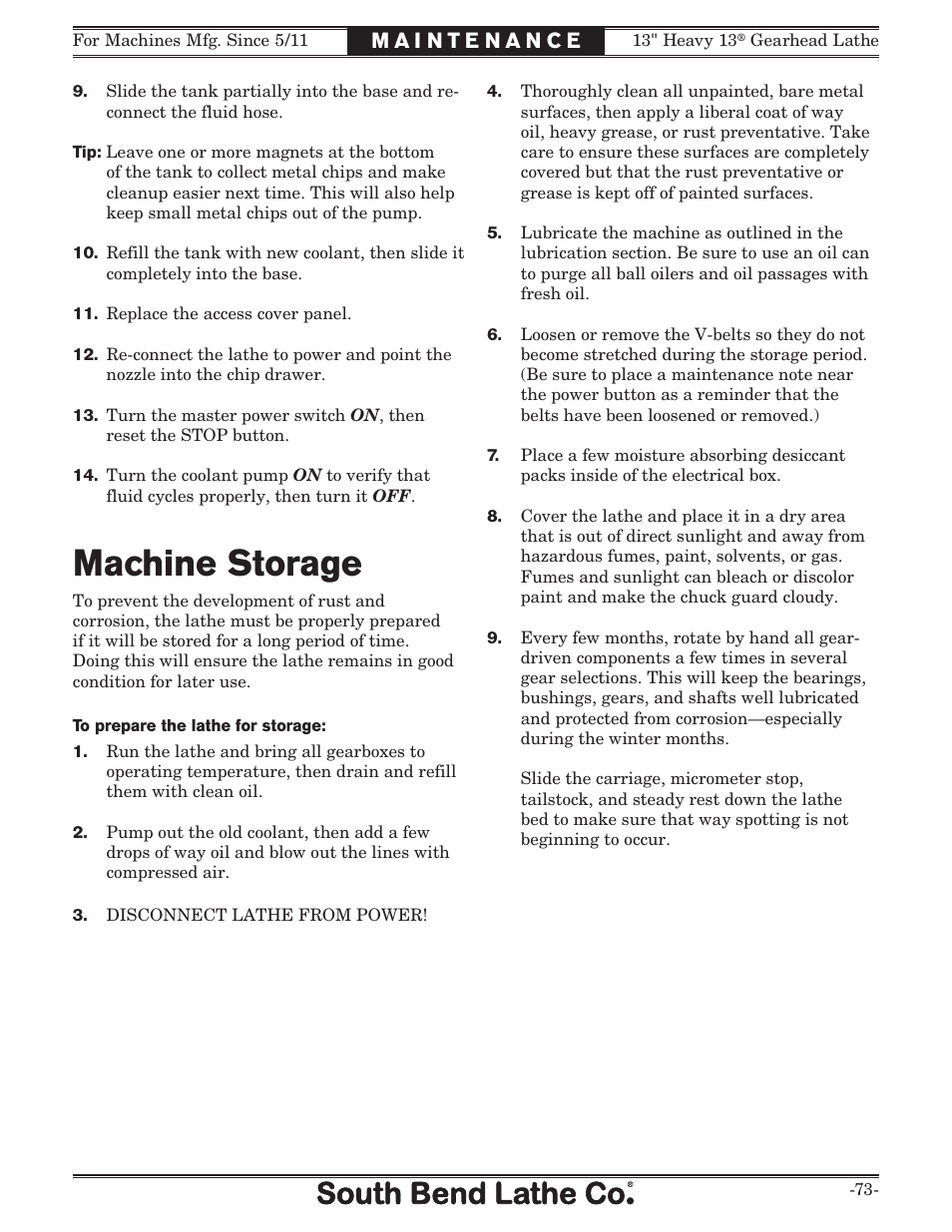 Machine storage | Southbend SB1049 User Manual | Page 75 / 132