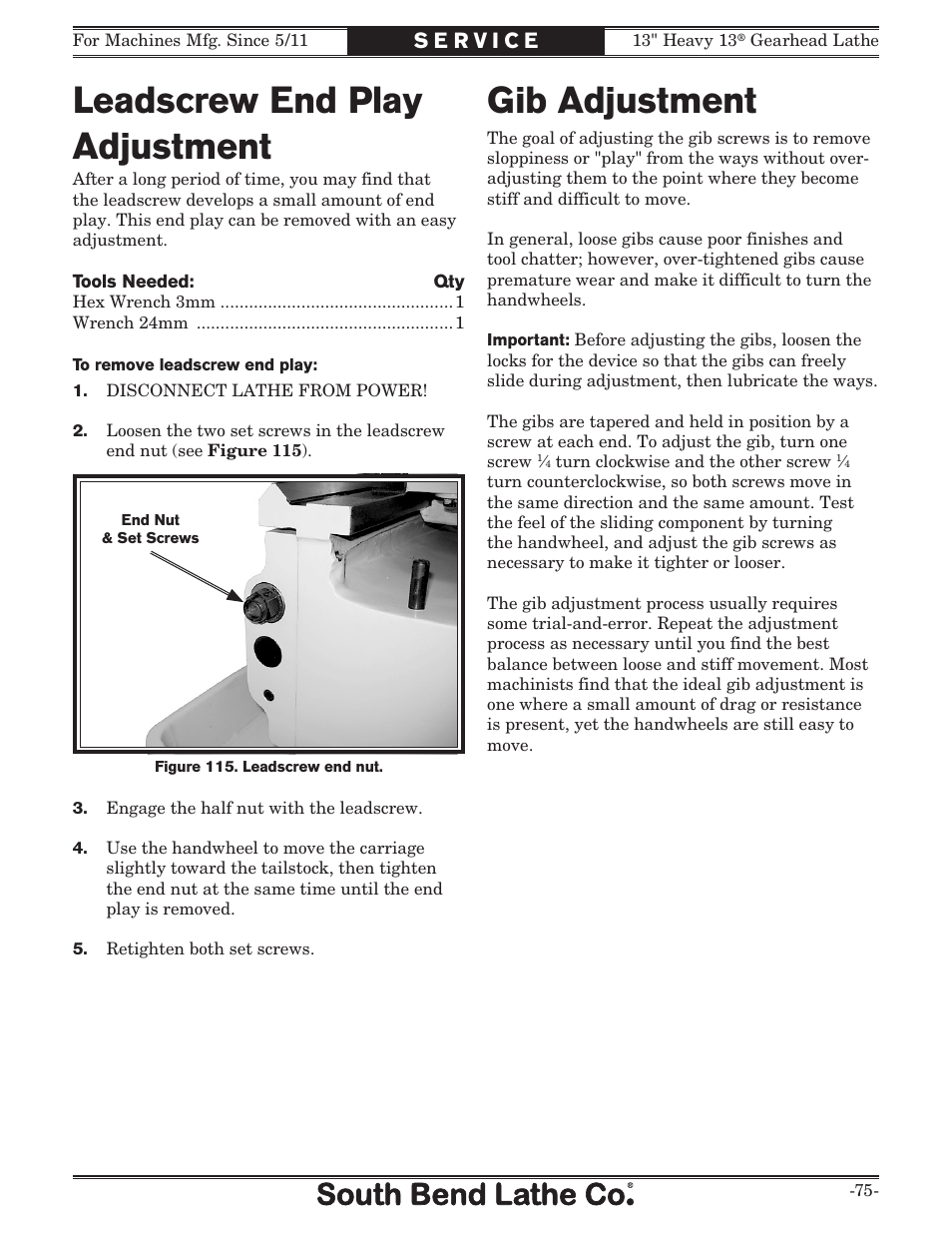 Gib adjustment, Leadscrew end play adjustment | Southbend SB1049 User Manual | Page 77 / 132