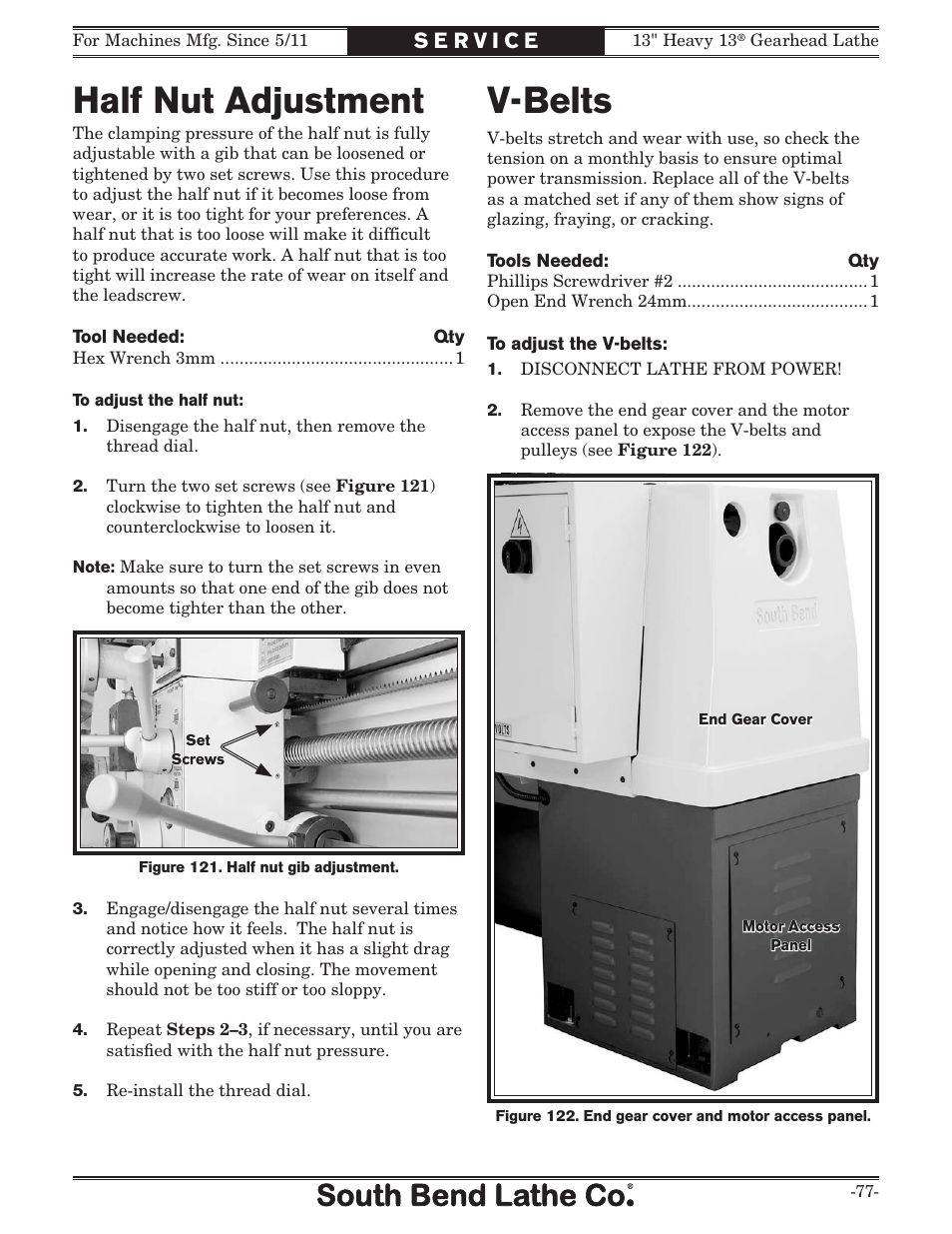 Half nut adjustment, V-belts | Southbend SB1049 User Manual | Page 79 / 132