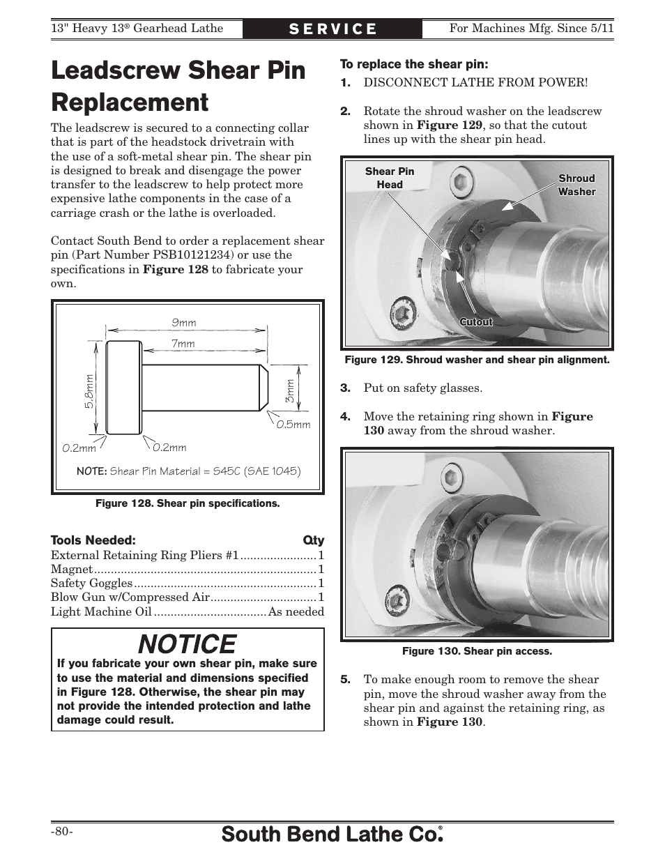 Leadscrew shear pin replacement | Southbend SB1049 User Manual | Page 82 / 132