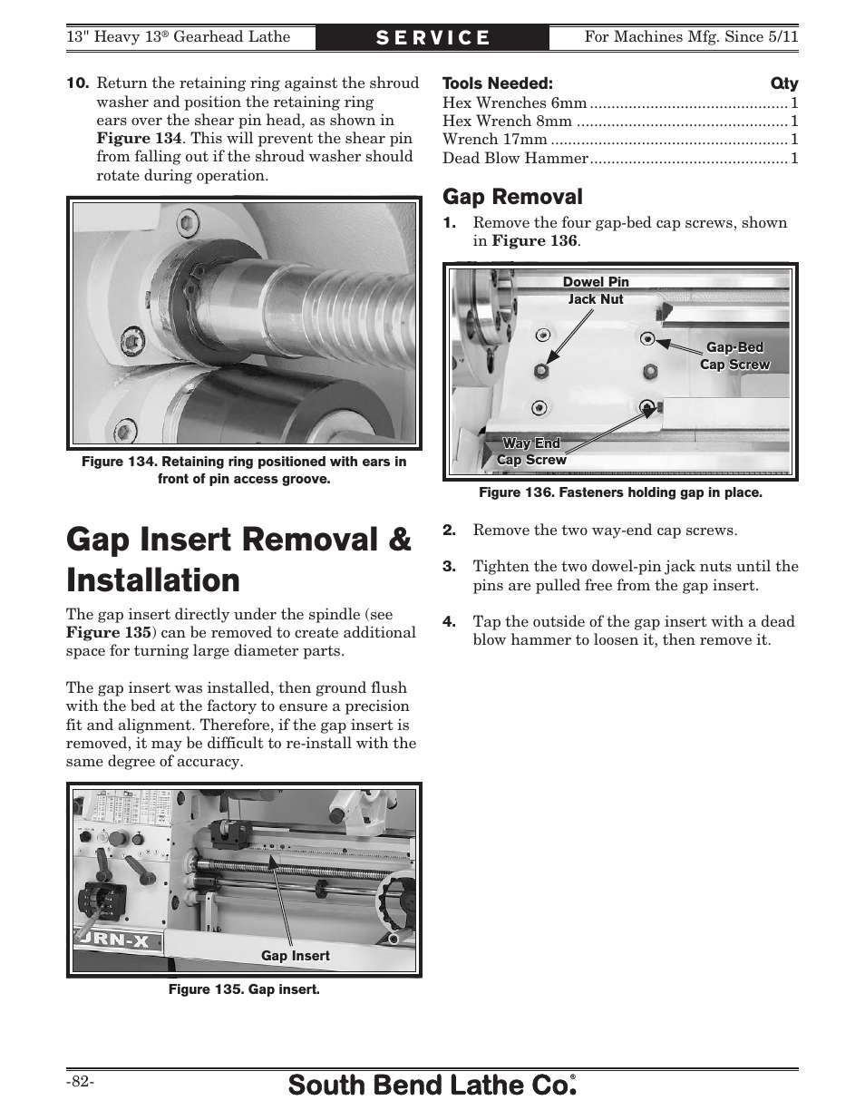 Gap insert removal & installation, Gap removal | Southbend SB1049 User Manual | Page 84 / 132