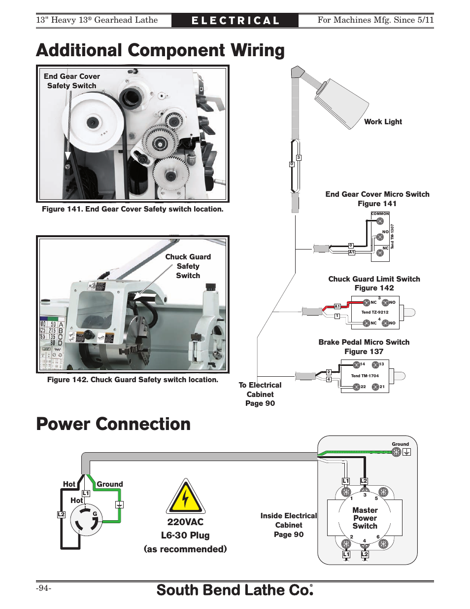 Additional component wiring, Power connection, Gearhead lathe | Master power switch | Southbend SB1049 User Manual | Page 96 / 132